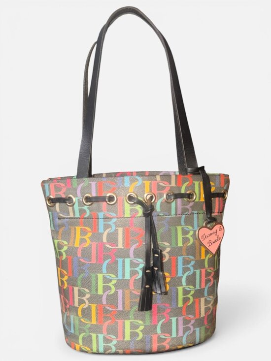 VTG Dooney & Bourke Rainbow Monogram Drawstring Tote B6877932 Black Leather 80s - Picture 3 of 9